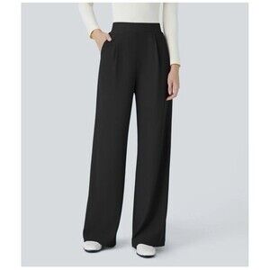 Halara Flex MicroWaffle Pants Size Petite Large Black Pull On High Rise Wide Leg